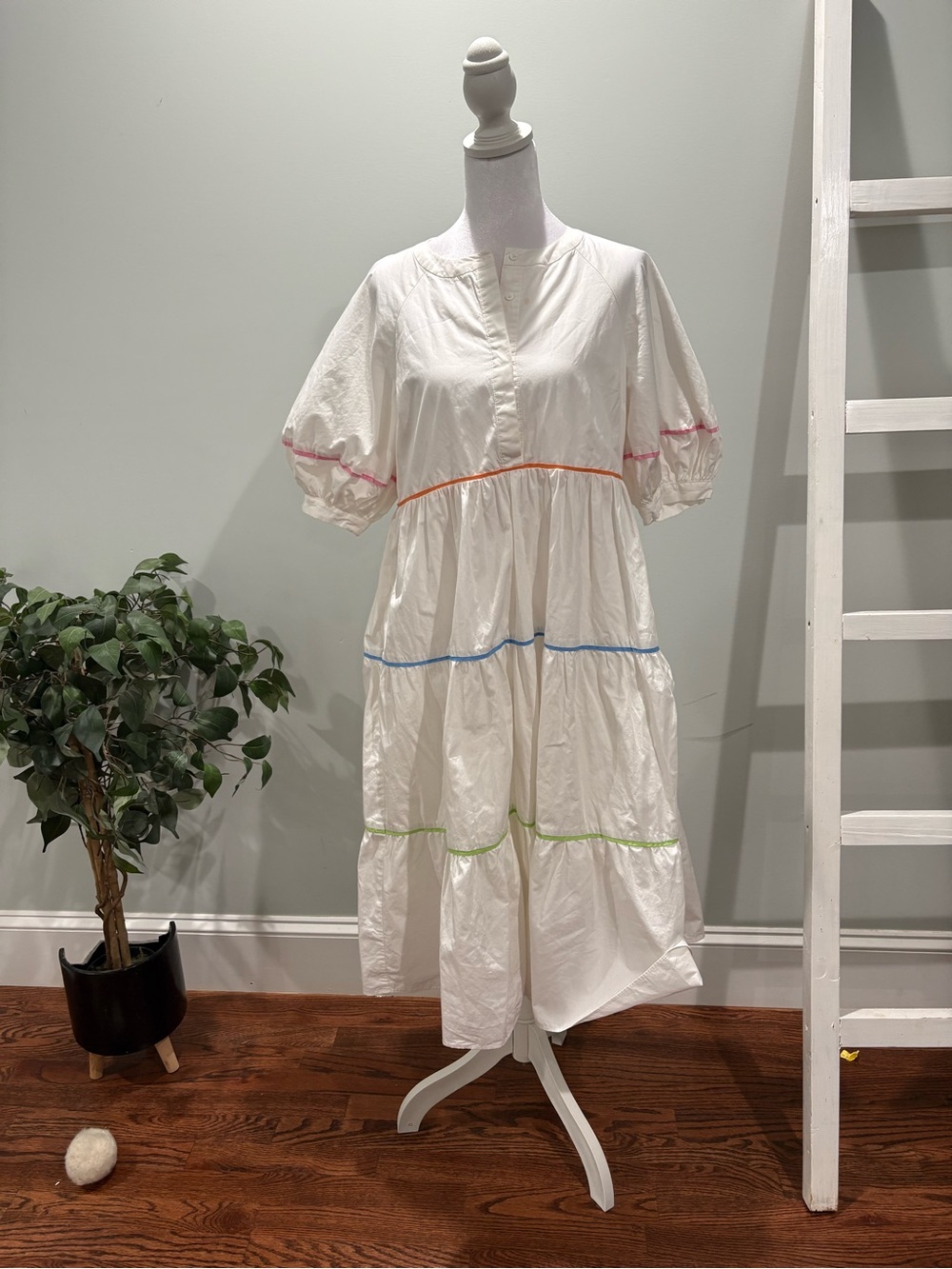 English Factory White Tiered Midi Dress with Multi-Color Trim